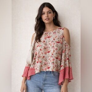RAGA Revolve Red Floral Cold Shoulder Blouse | Boho Flowy Bell Sleeve Top